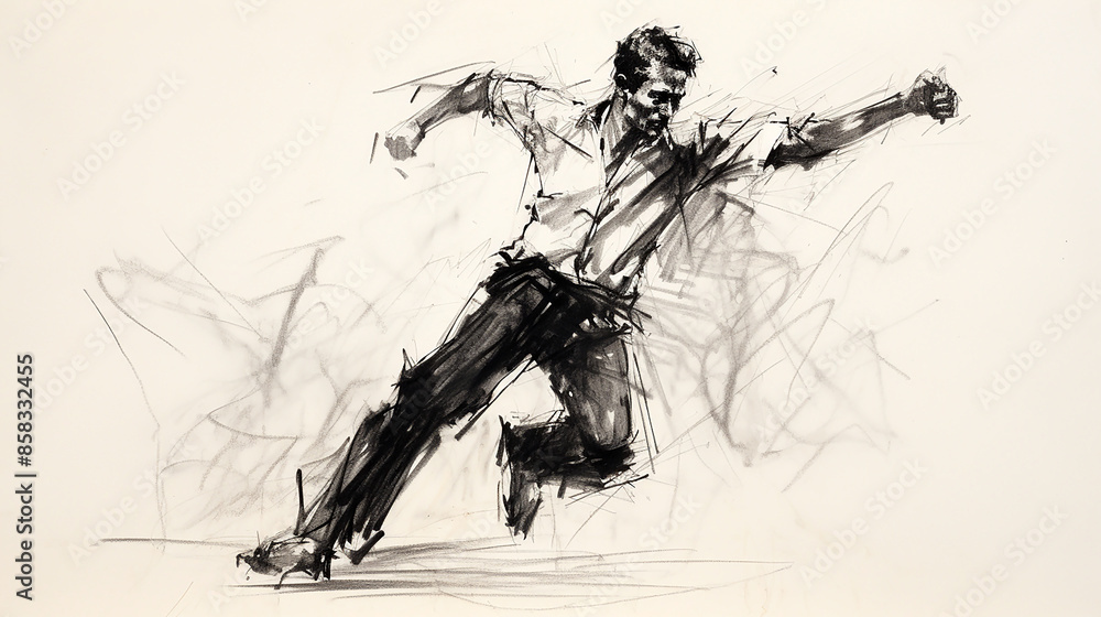 Fototapeta premium wide entertainment banner, black and white illustration charcoal pencil sketch drawing of drunken man dancing and performing on a party in white background