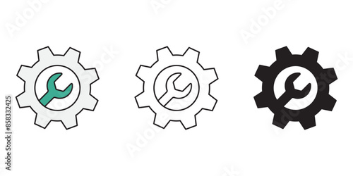 Wrench and Gear Cogwheel Icons set, Service tool symbol isolated background, assembly, repair instruments flat simple infographics design template. vector illustration.