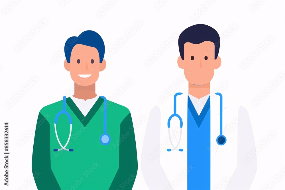 Two male doctors wearing medical clothing and stethoscopes standing side by side, representing healthcare and medical professionals. Two male doctors wearing medical clothing and stethoscopes standing side by side, representing healthcare and medical professionals.