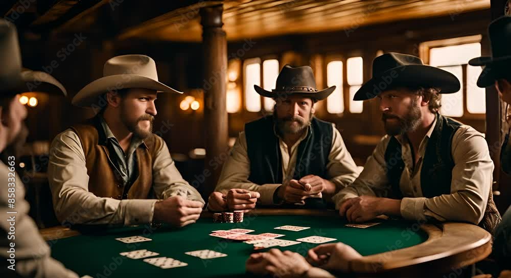Cowboys playing cards in a tavern.
Cowboys playing cards in a tavern.
