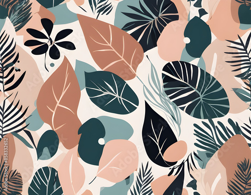 Seamless vector floral pattern with tropical leaves and abstract shapes.