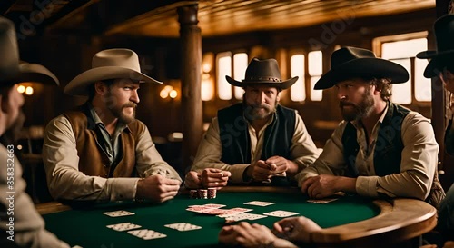 Cowboys playing cards in a tavern.	
 photo