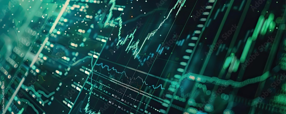 Obraz premium Abstract digital financial data visualization with charts, graphs, and market analysis for fintech, investment, and economic trends.