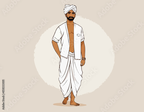 Indian Man in Traditional Dhoti and shirt Greeting Vector illustration