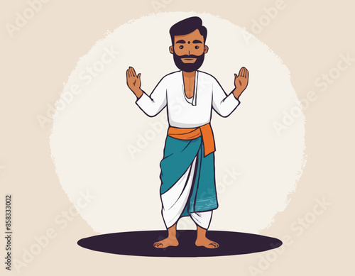 Indian Man in Traditional Dhoti and shirt Greeting Vector illustration