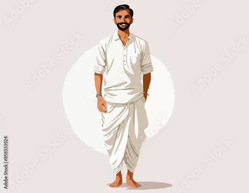 Indian Man in Traditional Dhoti and shirt Greeting Vector illustration
