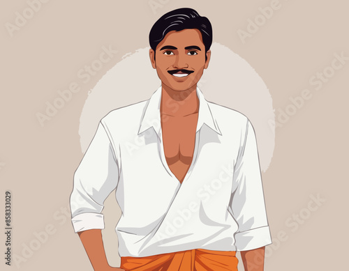 Indian Man in Traditional Dhoti and shirt Greeting Vector illustration