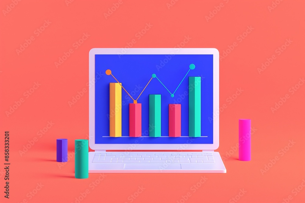 Vibrant 3D illustration of a laptop screen displaying colorful bar and line charts, on a bright coral background. Vibrant 3D illustration of a laptop screen displaying colorful bar and line charts, on a bright coral background.