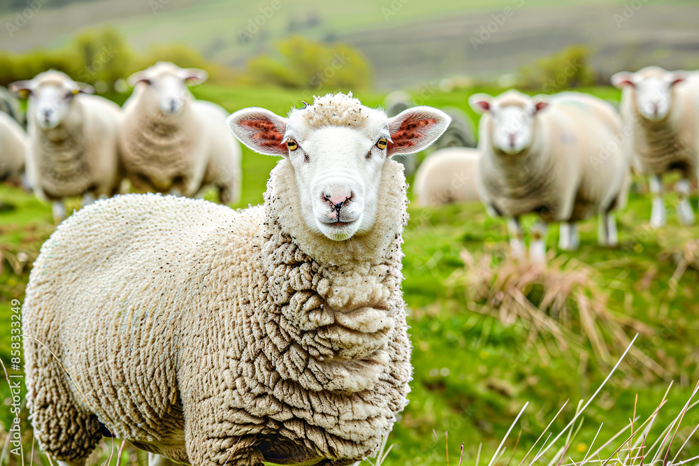 A flock of sheep grazing in a field. A flock of sheep grazing in a field.