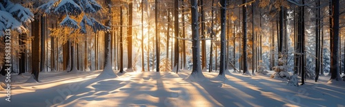 A magical snowy forest scene, featuring towering trees covered in a fresh blanket of snow, bathed in soft winter sunlight during the afternoon, creating a serene and enchanting atmosphere. photo