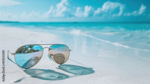 A pair of sunglasses reflecting a beach scene, with the rest of the background plain and uncluttered for copy  © Nany