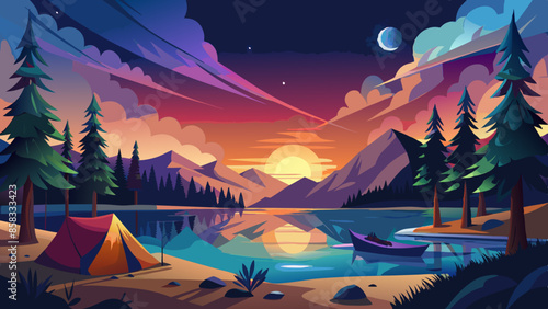 Calm lakeside camping scene with starlit sky and vibrant sunset colors vector illustration. Camping adventure with a tent and a canoe under a starry night sky in a forest setting illustration 