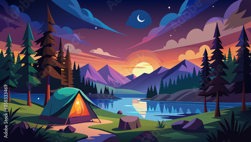 Calm lakeside camping scene with starlit sky and vibrant sunset colors vector illustration. Camping adventure with a tent and a canoe under a starry night sky in a forest setting illustration 