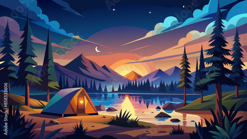 Calm lakeside camping scene with starlit sky and vibrant sunset colors vector illustration. Camping adventure with a tent and a canoe under a starry night sky in a forest setting illustration 