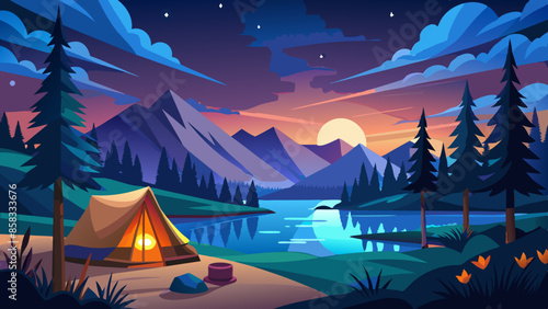 Calm lakeside camping scene with starlit sky and vibrant sunset colors vector illustration. Camping adventure with a tent and a canoe under a starry night sky in a forest setting illustration 