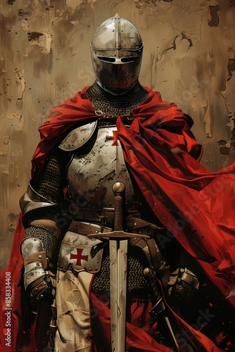 A Medieval Knight in Full Armor Holding a Sword With a Red Cloak photo