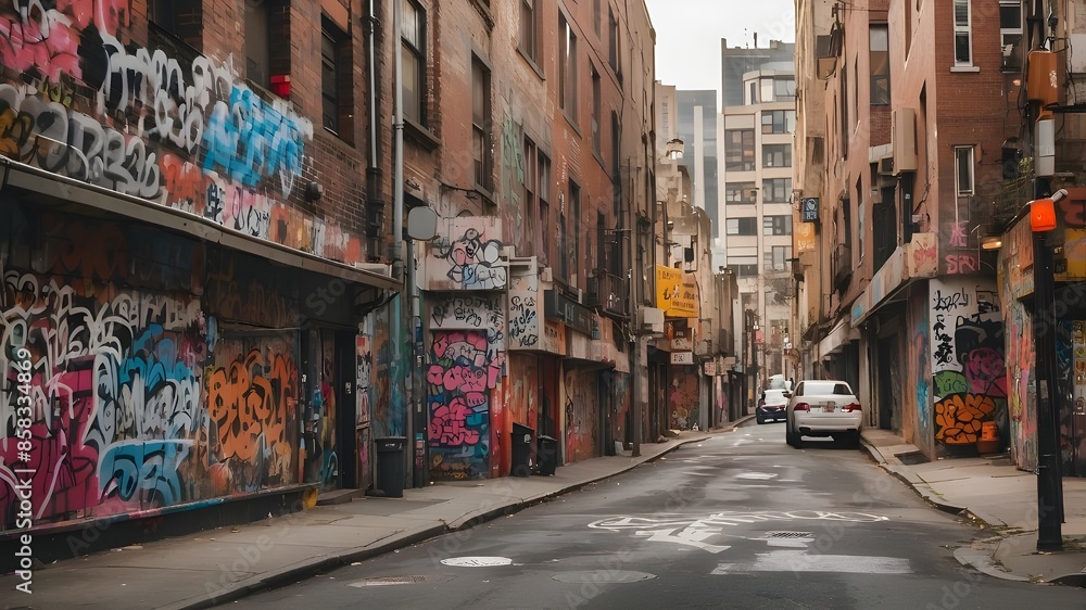 Fototapeta premium A city street with painted signs and buildings covered in graffiti