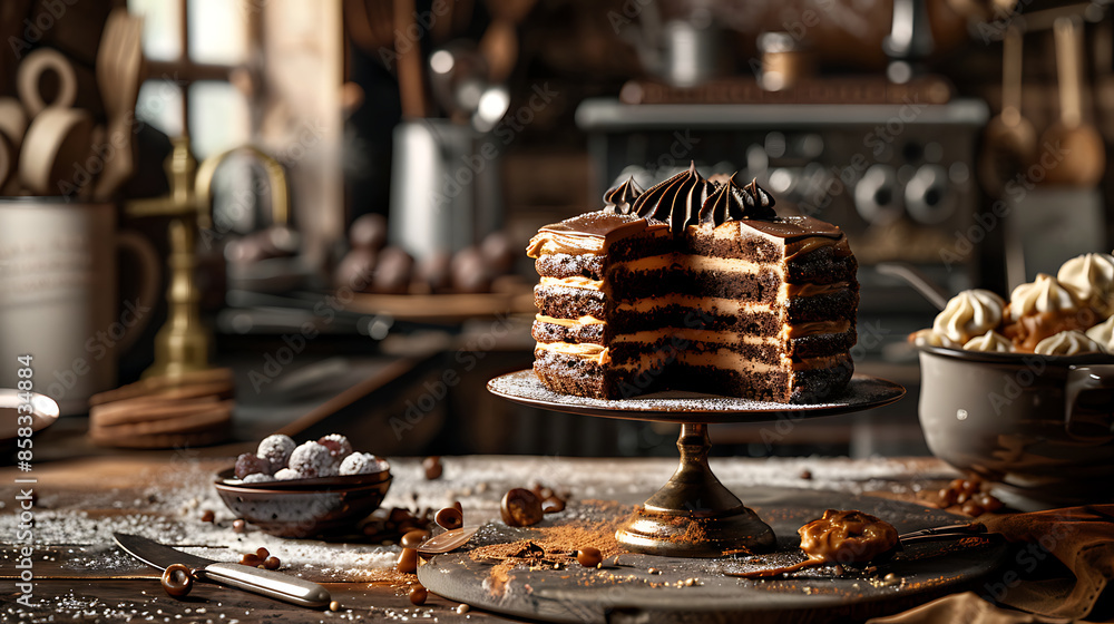 culinary photo, piece of chocolate cake, licorice cake culinary photo, piece of chocolate cake, licorice cake