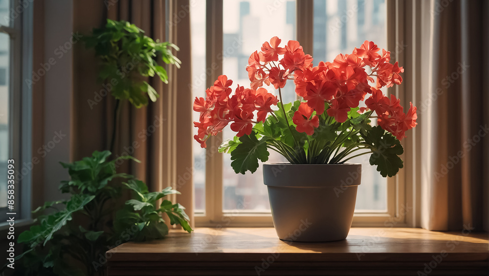 Flowerpot with a beautiful flower pelargonium in the room Flowerpot with a beautiful flower pelargonium in the room