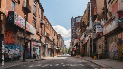 A city street with painted signs and buildings covered in graffiti