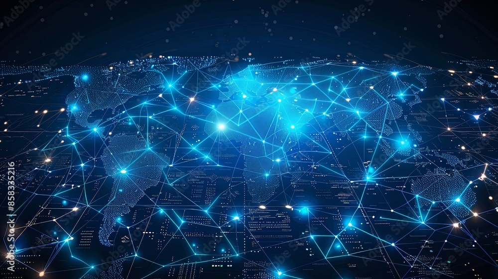 The image presents a digital rendering of the world map highlighted with various interconnected nodes and pathways, showcasing a network of global communication channels. The image presents a digital rendering of the world map highlighted with various interconnected nodes and pathways, showcasing a network of global communication channels.