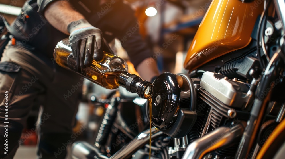 A mechanic pouring fresh oil into a motorcycle engine during an oil change service, with focus on the importance of regular lubrication for engine longevity A mechanic pouring fresh oil into a motorcycle engine during an oil change service, with focus on the importance of regular lubrication for engine longevity