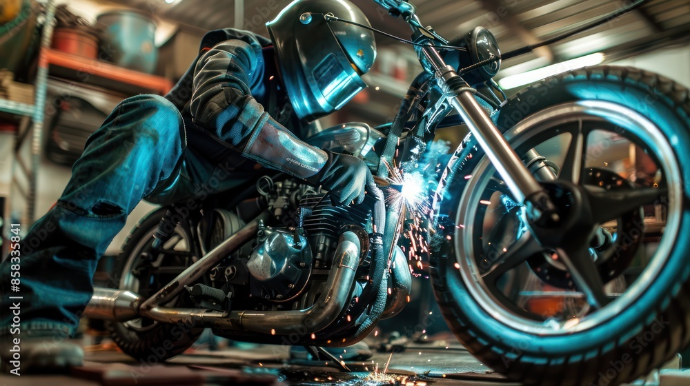 An action shot of a mechanic wielding a welding torch to repair a damaged frame or exhaust pipe on a motorcycle, highlighting metalworking skills An action shot of a mechanic wielding a welding torch to repair a damaged frame or exhaust pipe on a motorcycle, highlighting metalworking skills