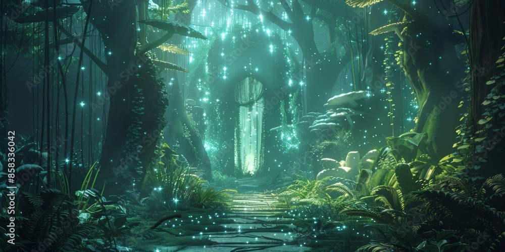 Fototapeta premium a bioluminescent rain forest full of light symbols and code with photons rising from the mushrooms on the pathway leading to a center portal in the rainforest