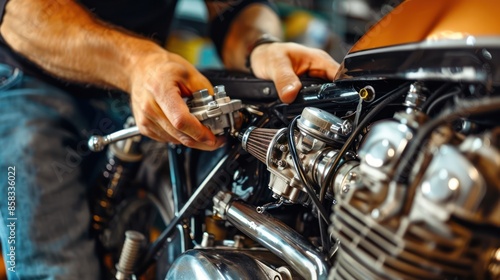 A mechanic conducting a comprehensive engine tune-up on a motorcycle, adjusting valves and carburetors to optimize performance and fuel efficiency