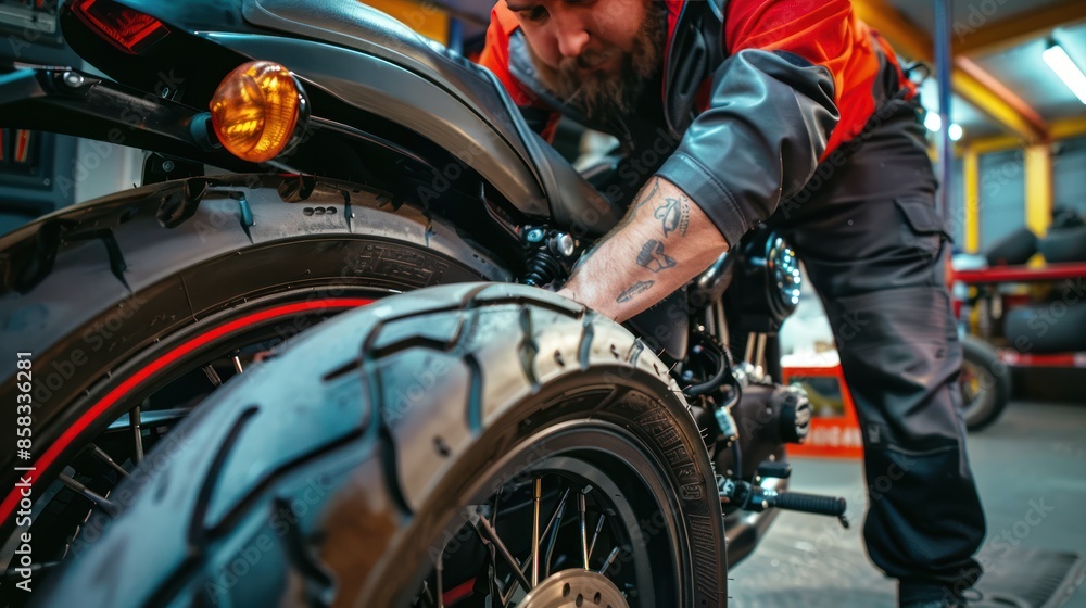 A mechanic replacing a worn-out tire on a motorcycle, demonstrating the necessity of routine maintenance to ensure optimal performance and safety A mechanic replacing a worn-out tire on a motorcycle, demonstrating the necessity of routine maintenance to ensure optimal performance and safety