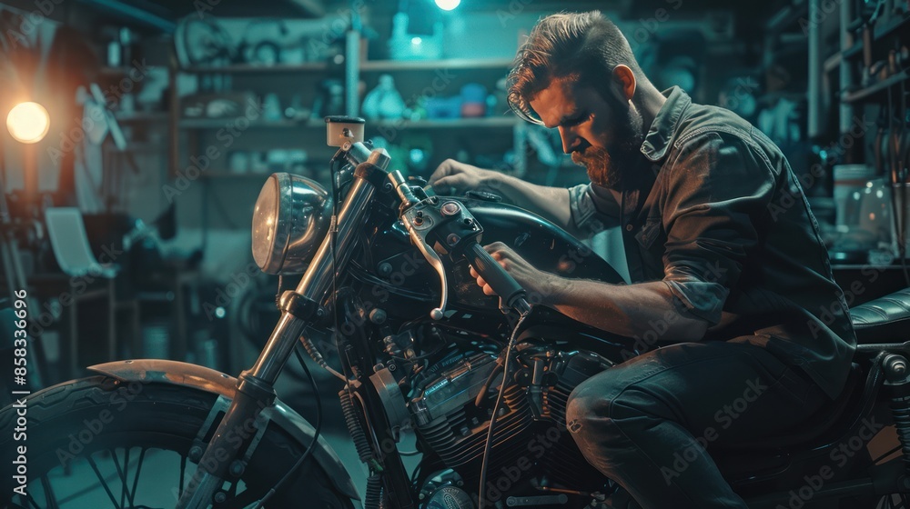 A skilled mechanic working on a motorcycle engine in a well-lit garage, surrounded by tools and equipment, illustrating professional motorcycle repair services A skilled mechanic working on a motorcycle engine in a well-lit garage, surrounded by tools and equipment, illustrating professional motorcycle repair services
