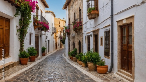 Narrow Spanish or Italian streets decorated with flowers