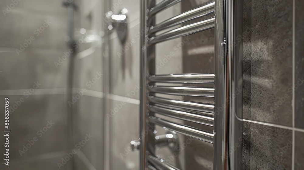 Contemporary chrome towel warmer mounted on ceramic bathroom tiles Contemporary chrome towel warmer mounted on ceramic bathroom tiles