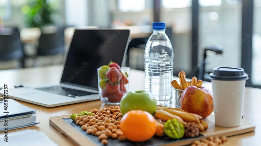 An office desk setup with a laptop, healthy snacks, and a water bottle, highlighting the significance of maintaining a balanced diet for overall wellness at work An office desk setup with a laptop, healthy snacks, and a water bottle, highlighting the significance of maintaining a balanced diet for overall wellness at work