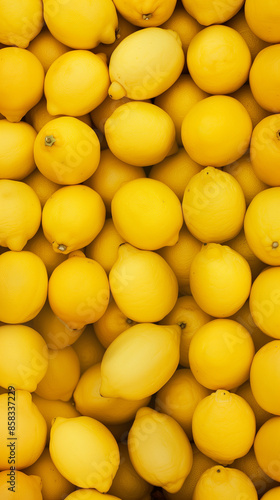 Fresh lemons with vibrant yellow hue tightly packed in a minimalist frame, highlighting their refreshing and appetizing appearance. Great as a background.