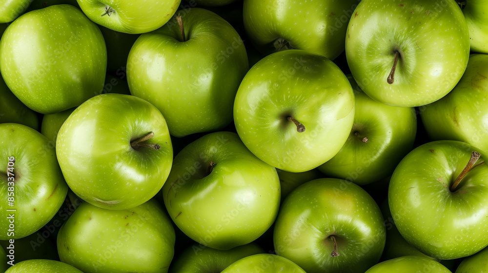 Close-up view of a dense bunch of fresh, juicy, and vibrant green apples filling the frame in a minimalistic style. The image captures their crunchy bite and appetizing freshness, perfect for a backgr Close-up view of a dense bunch of fresh, juicy, and vibrant green apples filling the frame in a minimalistic style. The image captures their crunchy bite and appetizing freshness, perfect for a backgr