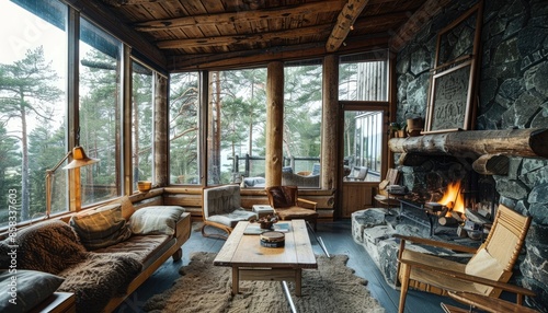 Cozy wooden cabin nestled in a forest, showcasing warm interior lighting and natural stone surroundings. AIG59 photo