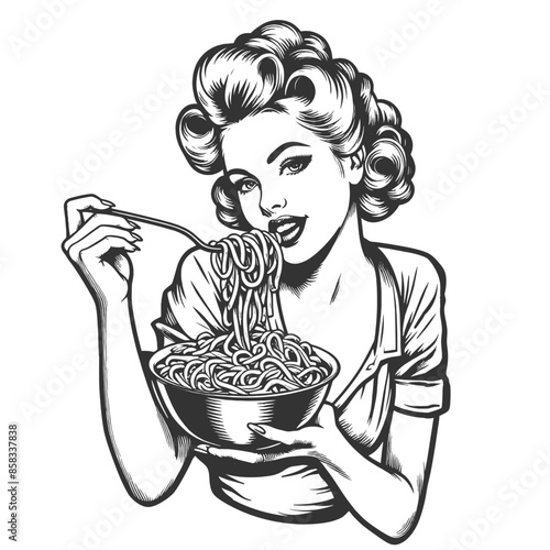 Pin-up girl woman eats pasta spaghetti, evoking culinary delight sketch engraving generative ai fictional character vector illustration. Scratch board imitation. Black and white image.