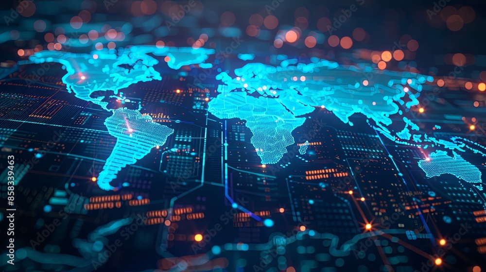 This visualization features an abstract digital world map with intricate blue circuitry patterns, symbolizing technological interconnectivity and modern data networks. This visualization features an abstract digital world map with intricate blue circuitry patterns, symbolizing technological interconnectivity and modern data networks.