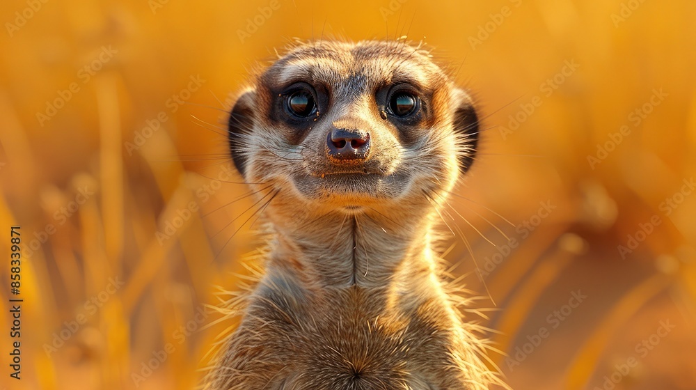 Fototapeta premium A close-up shot of a curious meerkat standing upright and alert against a blurred desert background with ample room for copy space