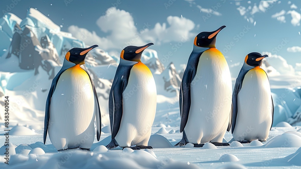 Fototapeta premium A group of penguins huddled together on an icy landscape with plenty of room for text in the background