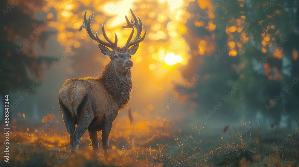 A graceful deer standing in a misty forest at dawn with ample room for text in the background A graceful deer standing in a misty forest at dawn with ample room for text in the background