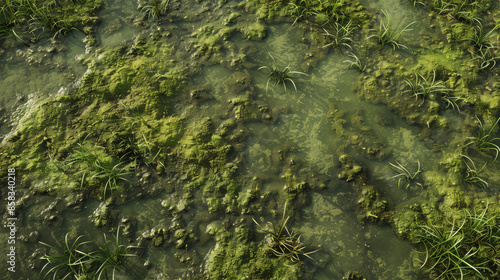 Macro texture of swamp surface with algae and murky water