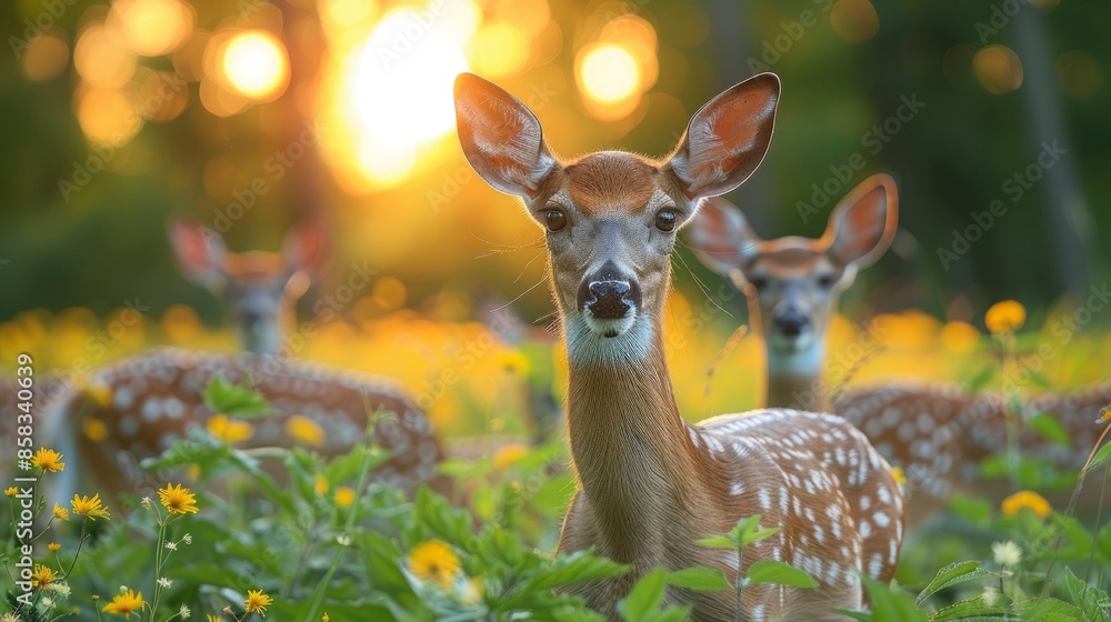 A herd of deer grazing in a meadow at sunset with plenty of room for text A herd of deer grazing in a meadow at sunset with plenty of room for text