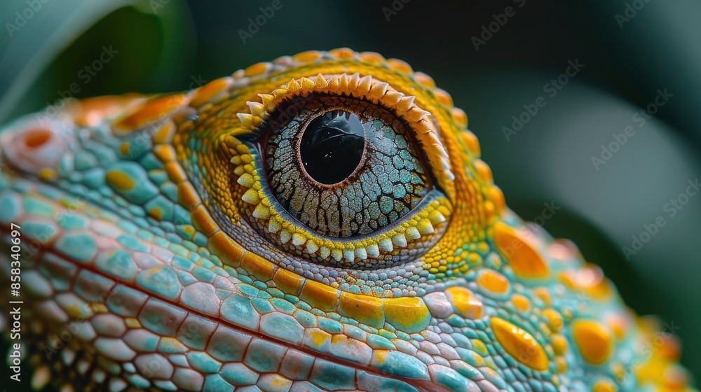 Obraz premium A close-up shot of a lizard's skin texture and eye with a blurred natural background for text