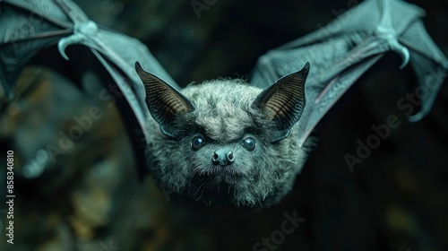 A close-up of a bat's wings and face hanging in a cave with a dark background allowing for text space