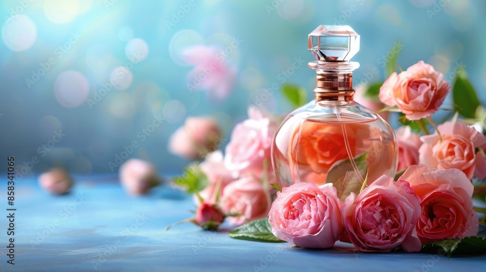 Perfume Bottle with Pink Tea Rose Flowers on Blue Background Perfume Bottle with Pink Tea Rose Flowers on Blue Background