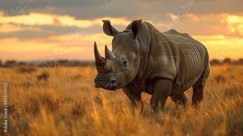 A majestic rhinoceros standing in the grasslands with ample room for text in the background