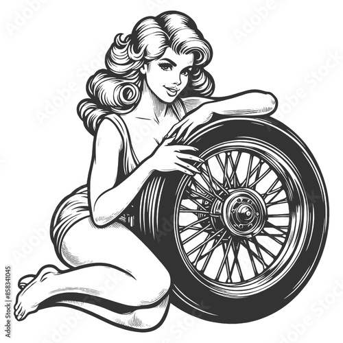 pin-up girl posing with a classic car wheel, showcasing vintage automotive charm sketch engraving generative ai fictional character vector illustration. Scratch board imitation. Black and white image.