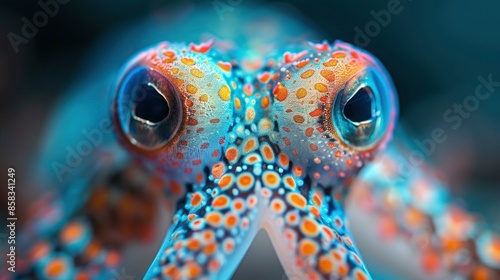 A close-up shot of a squid's tentacles and eyes with a blurred ocean background for text